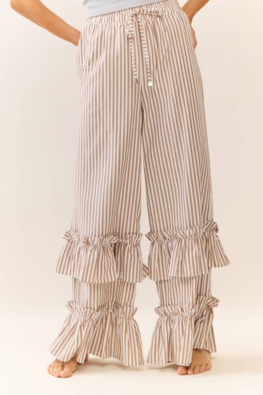Samatha Striped Ruffle Pants ~ Taupe