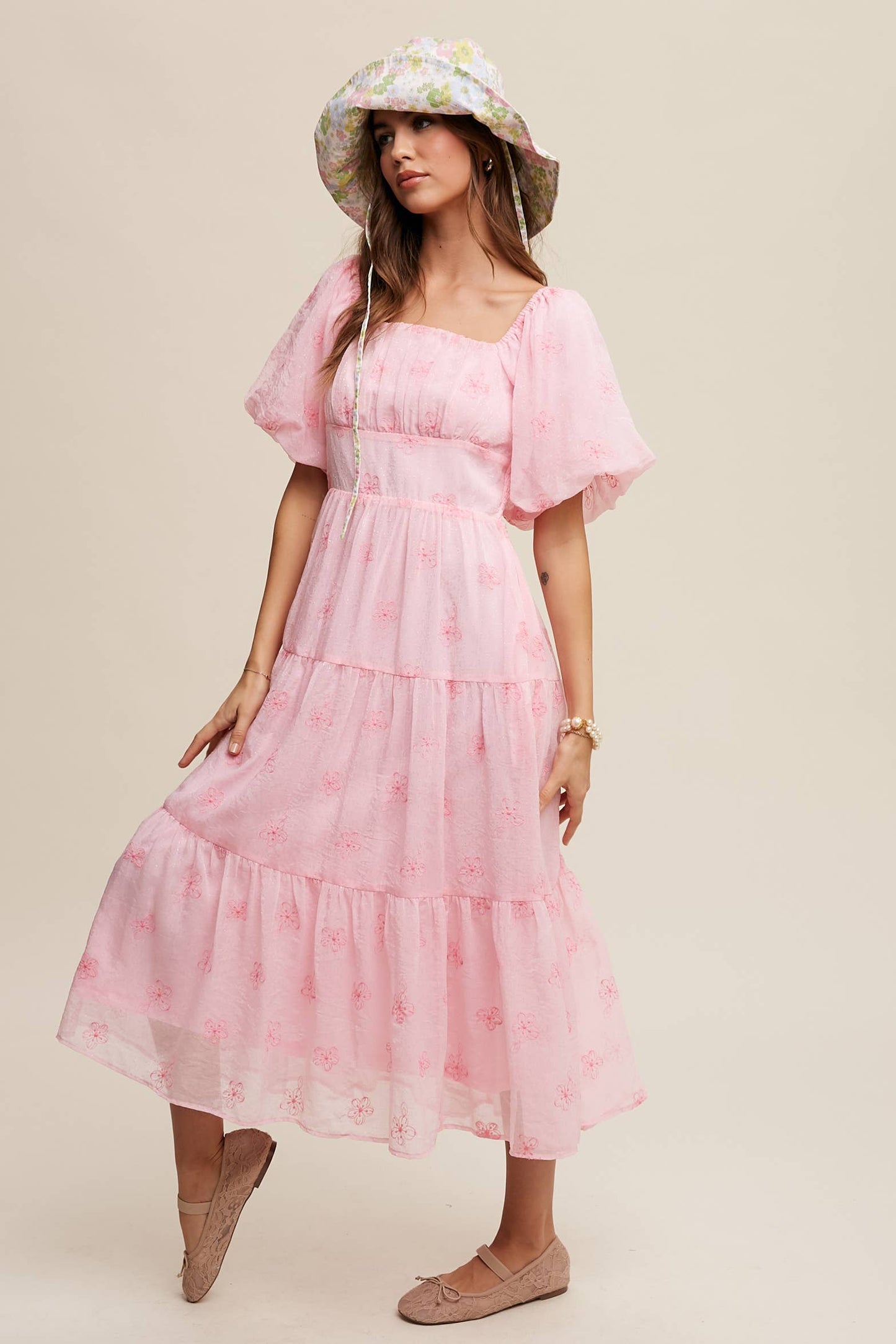 Ella Embroidered Puff Sleeve Tiered Midi Dress ~ Pink