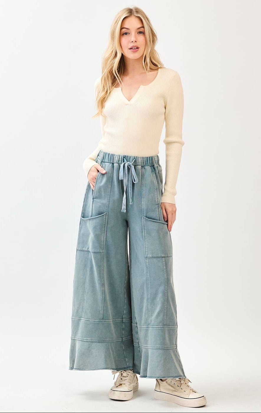 Millie Mineral Wash Ruffle Wide Leg Pants ~ Misty Blue