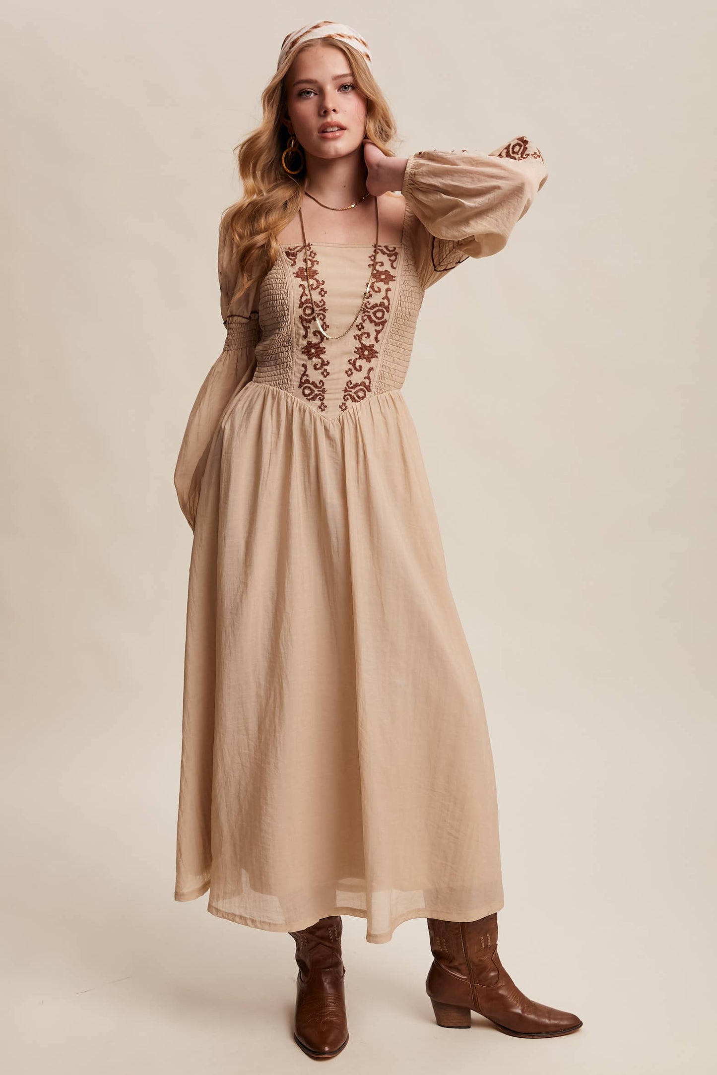 Emma Embroidered Square Neck Puff Sleeve Maxi Dress ~ Taupe
