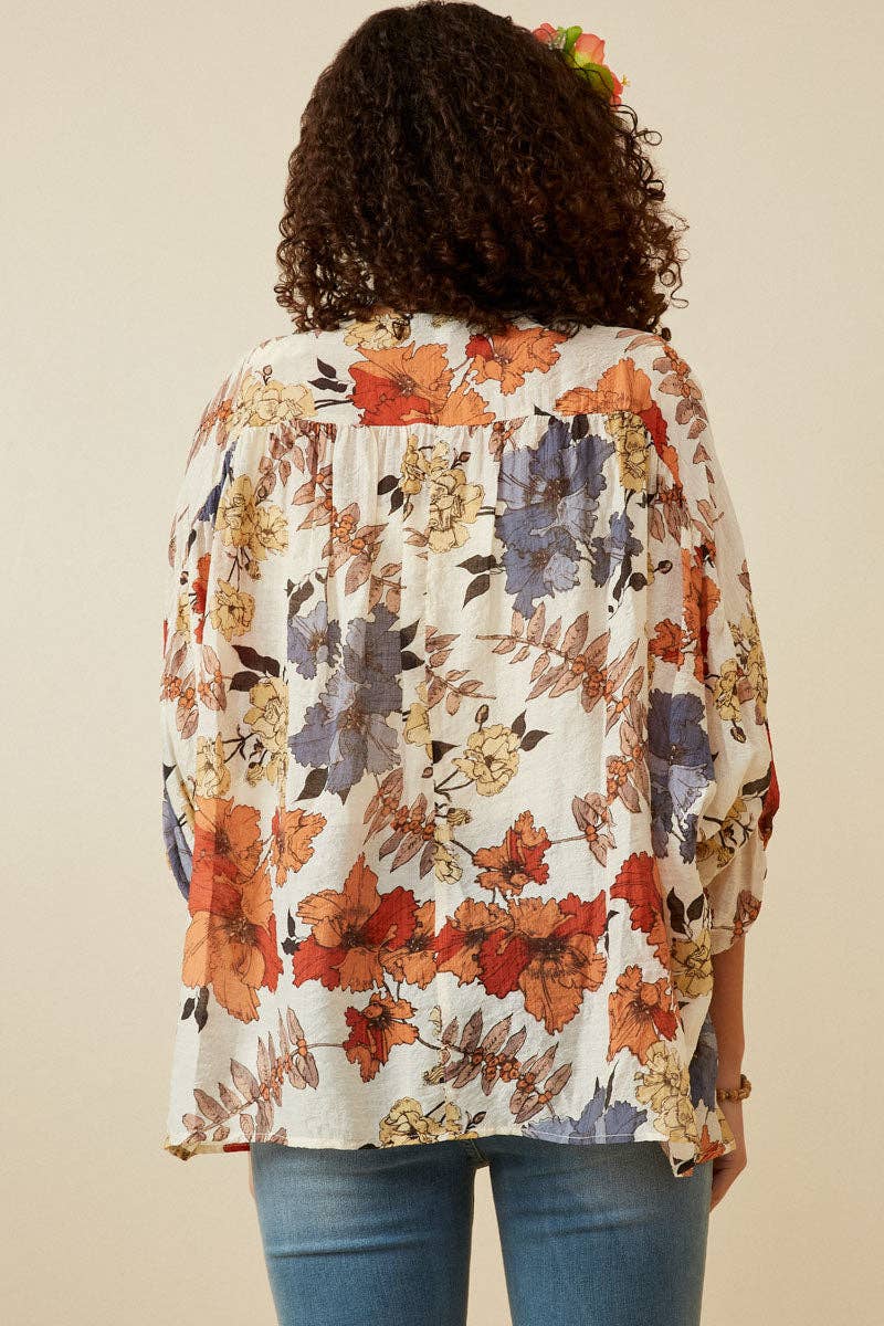 Tanya Textured Floral 3/4 Sleeve Open Kimono - Rust Mix