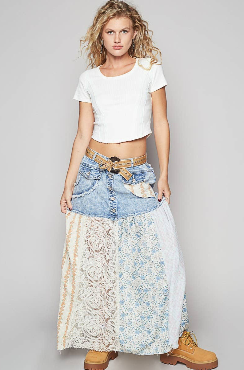 POL Woven Floral Print Mixed Skirt ~ Light Denim