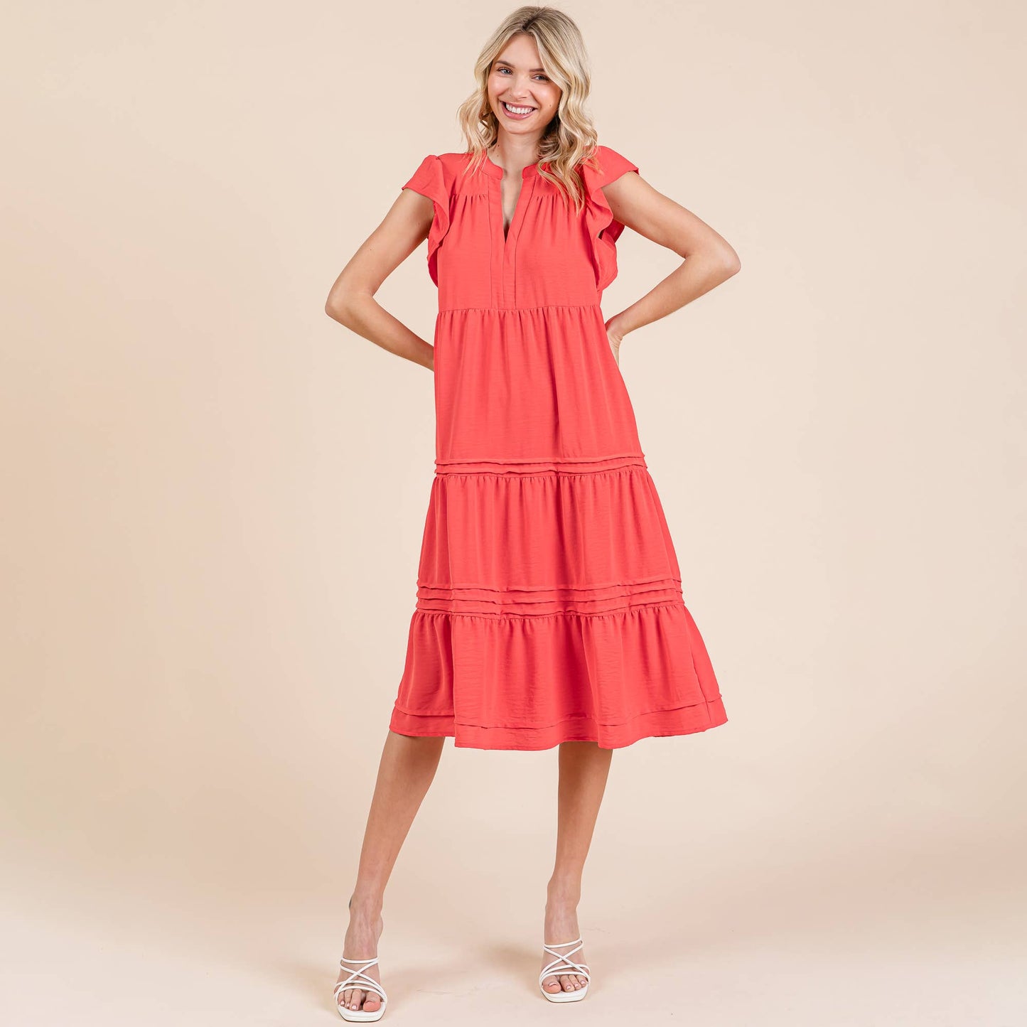 Addison Tiered Flutter Sleeve Pleated Midi Dress ~ Coral