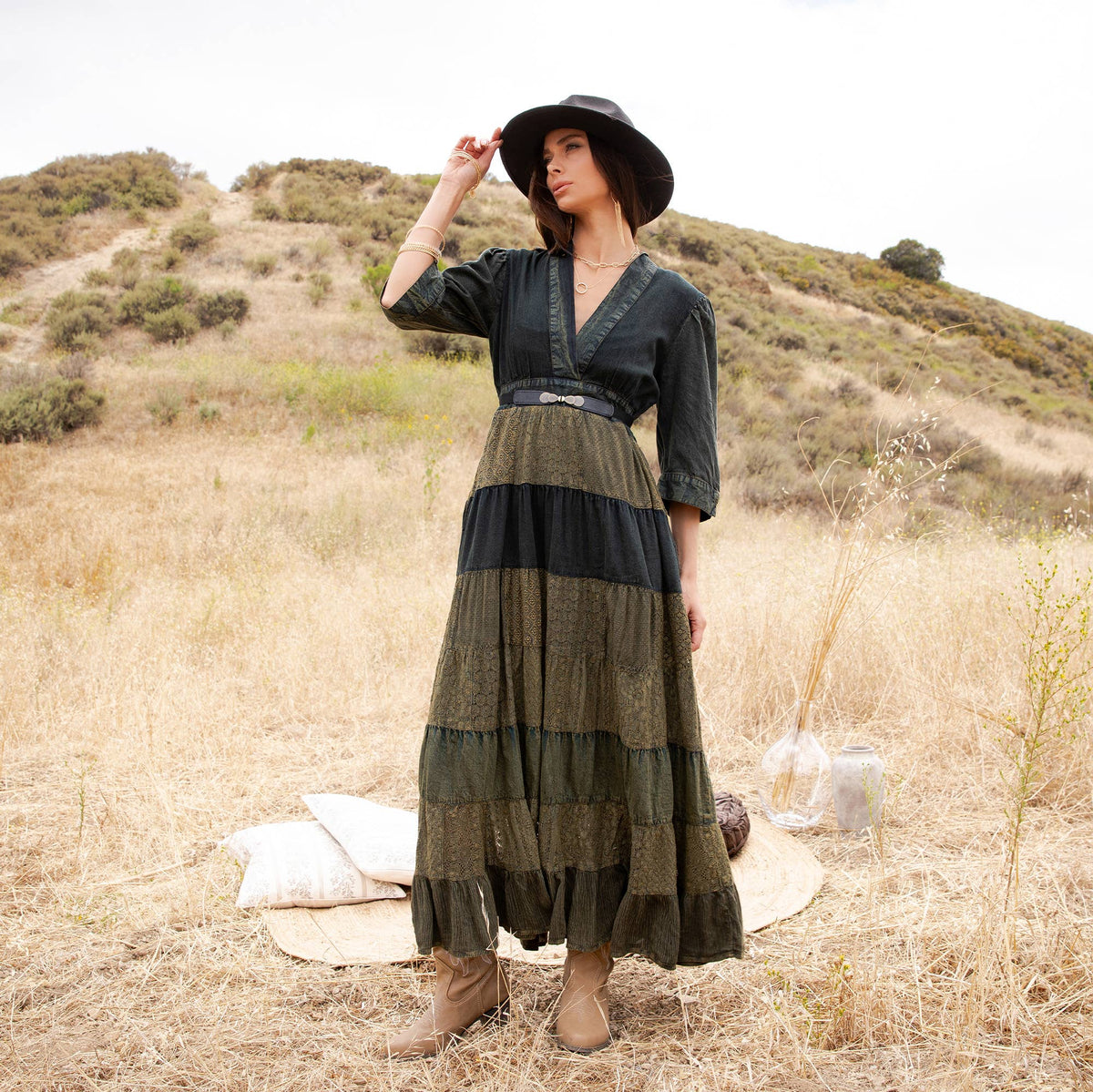 Victoria Vintage Mixed Texture Patchwork Maxi Dress ~ Basil