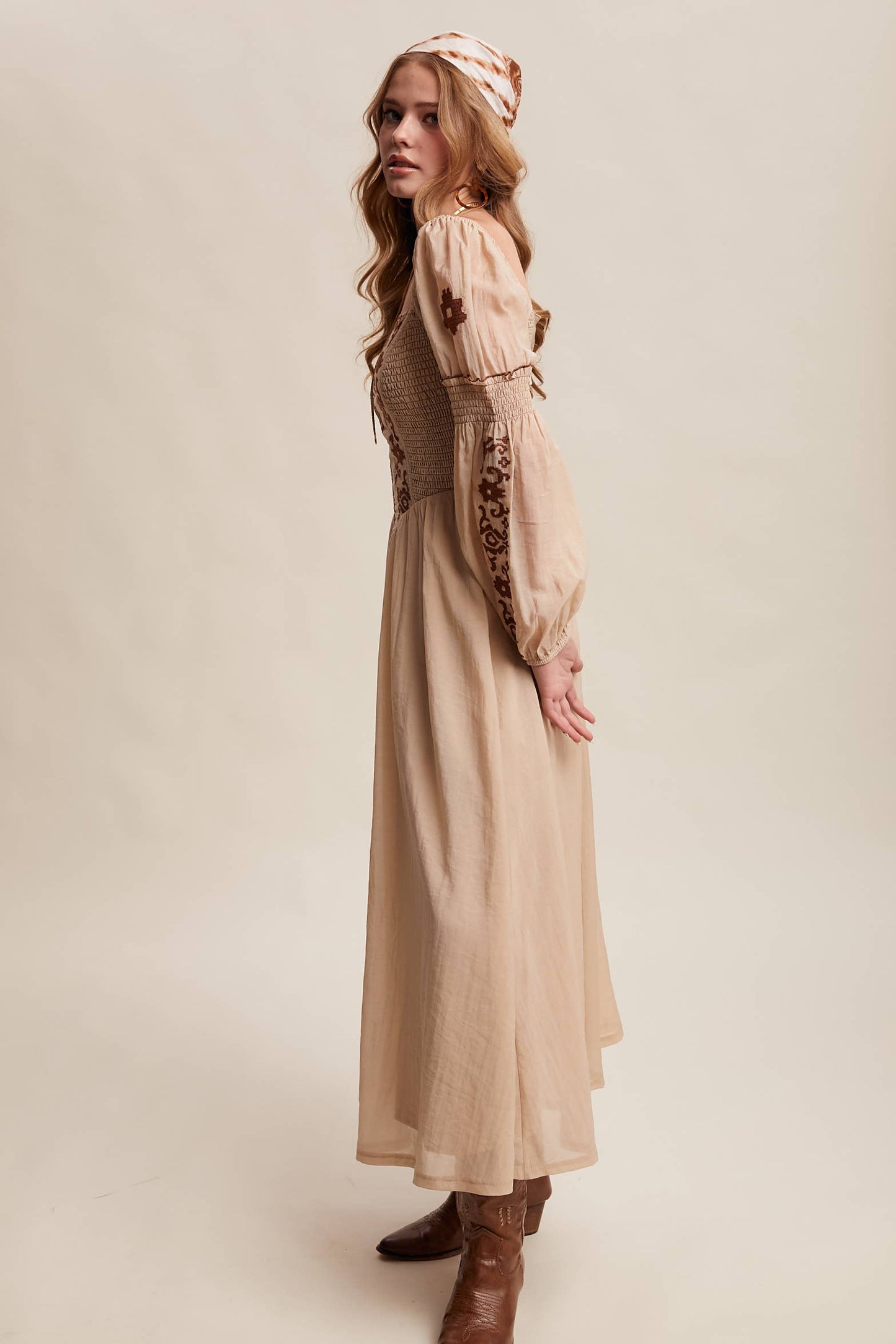 Emma Embroidered Square Neck Puff Sleeve Maxi Dress ~ Taupe