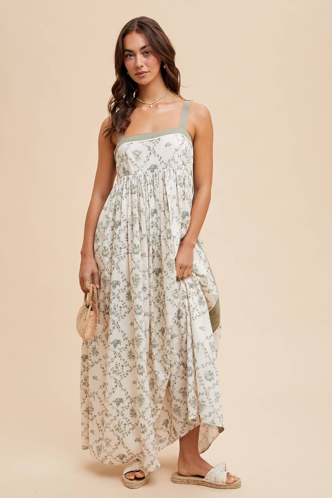 Thea Toile Print Strapy Maxi Dress ~ Natural/Olive