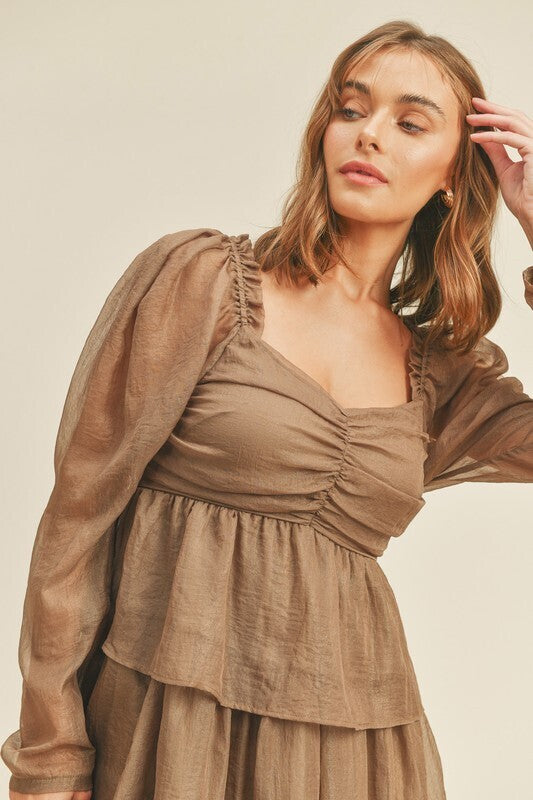 Amelia Shirred Ruffle Mini Dress ~ Mocha Gold Foil