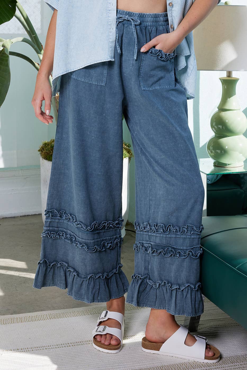 Reese Ruffle Trim Mineral Wash Wide Leg Pants ~ Blueberry