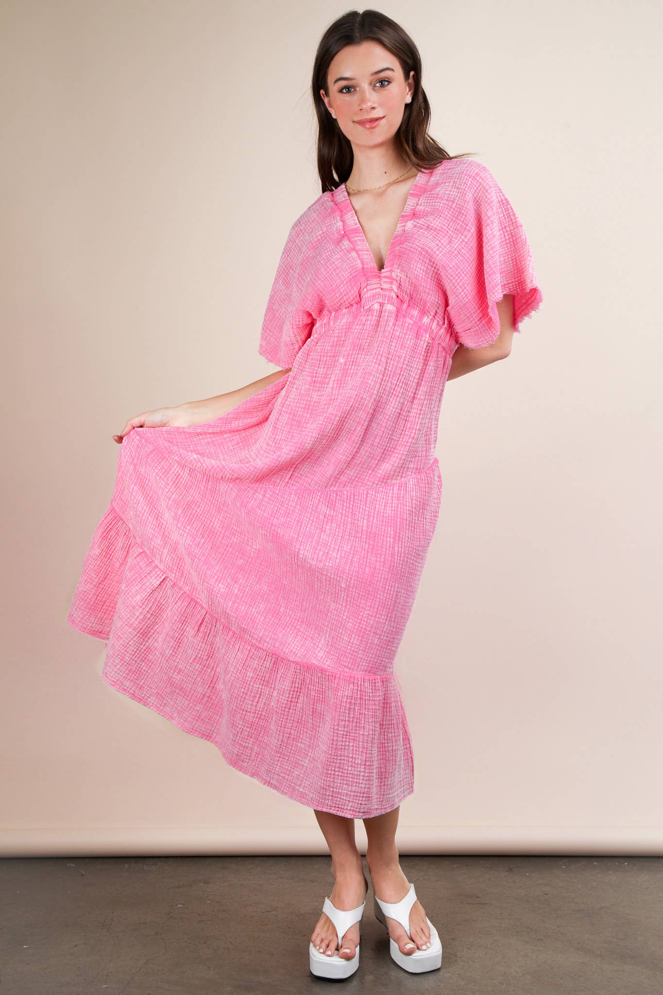 Madelyn Mineral Wash Elastic Neck Detail Midi Dress ~ Pink