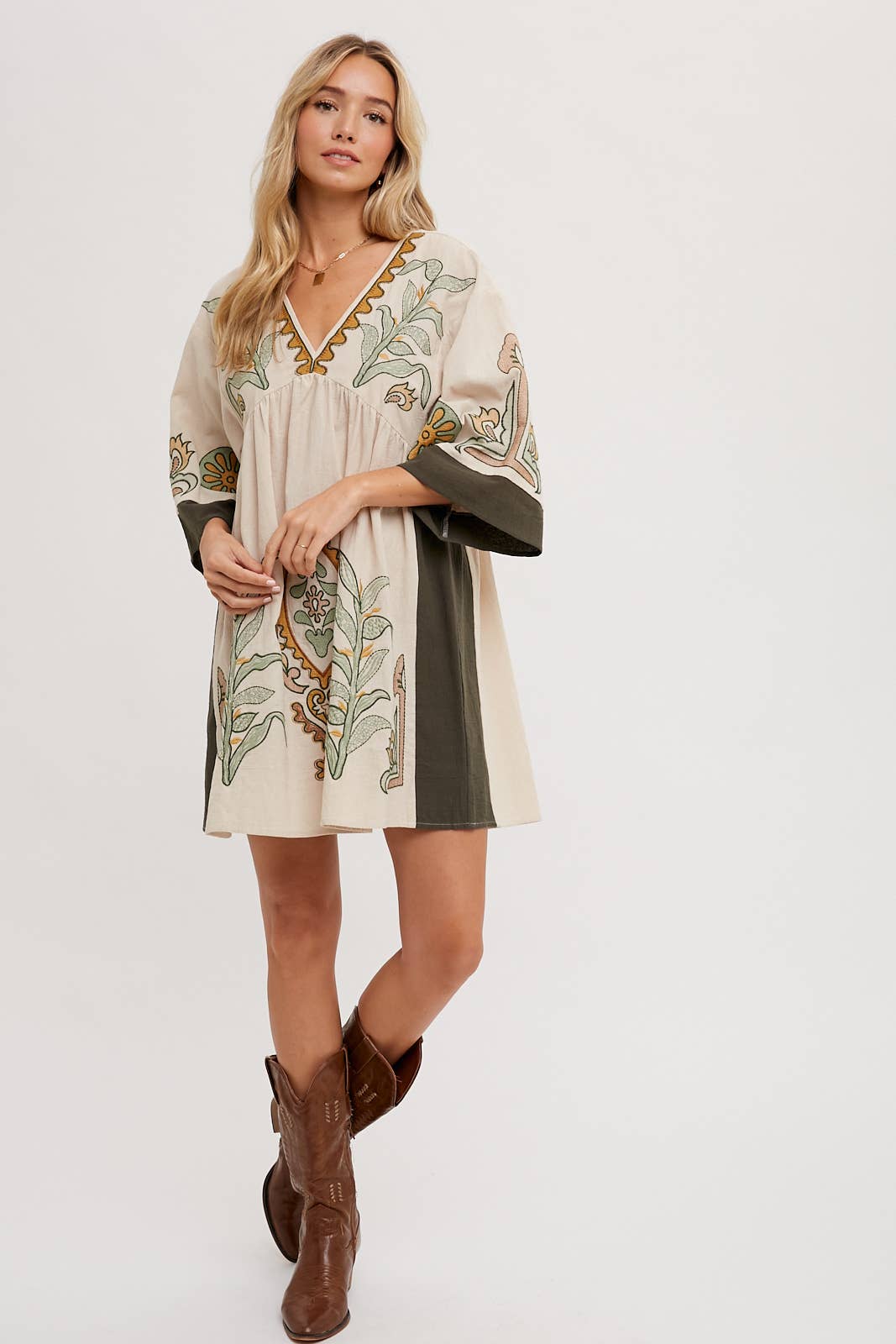 Blair Boho Embroidered V Neck Dress ~ Oatmeal