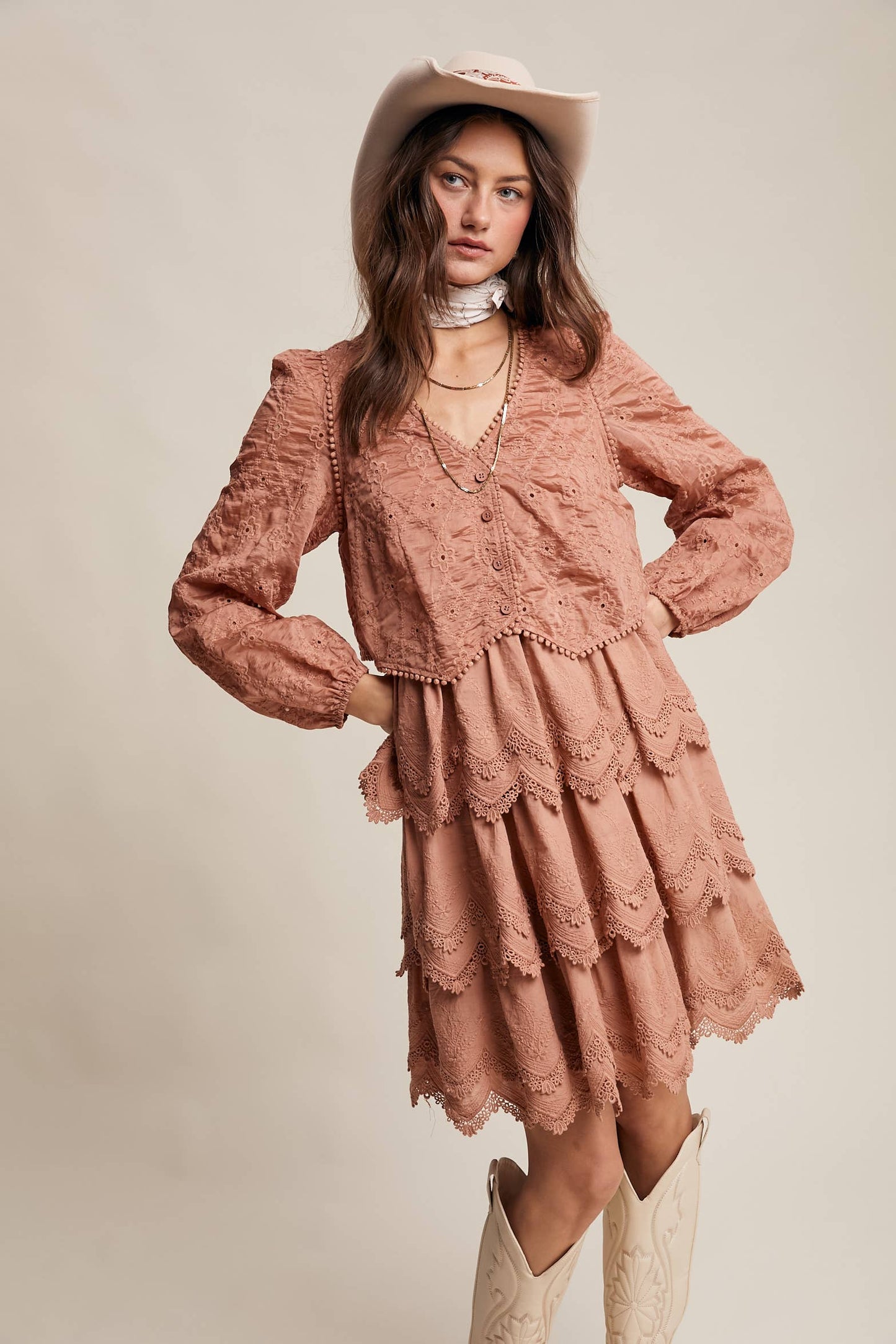 Tamara Tiered Scallop Embroidered Dress ~ Terracotta