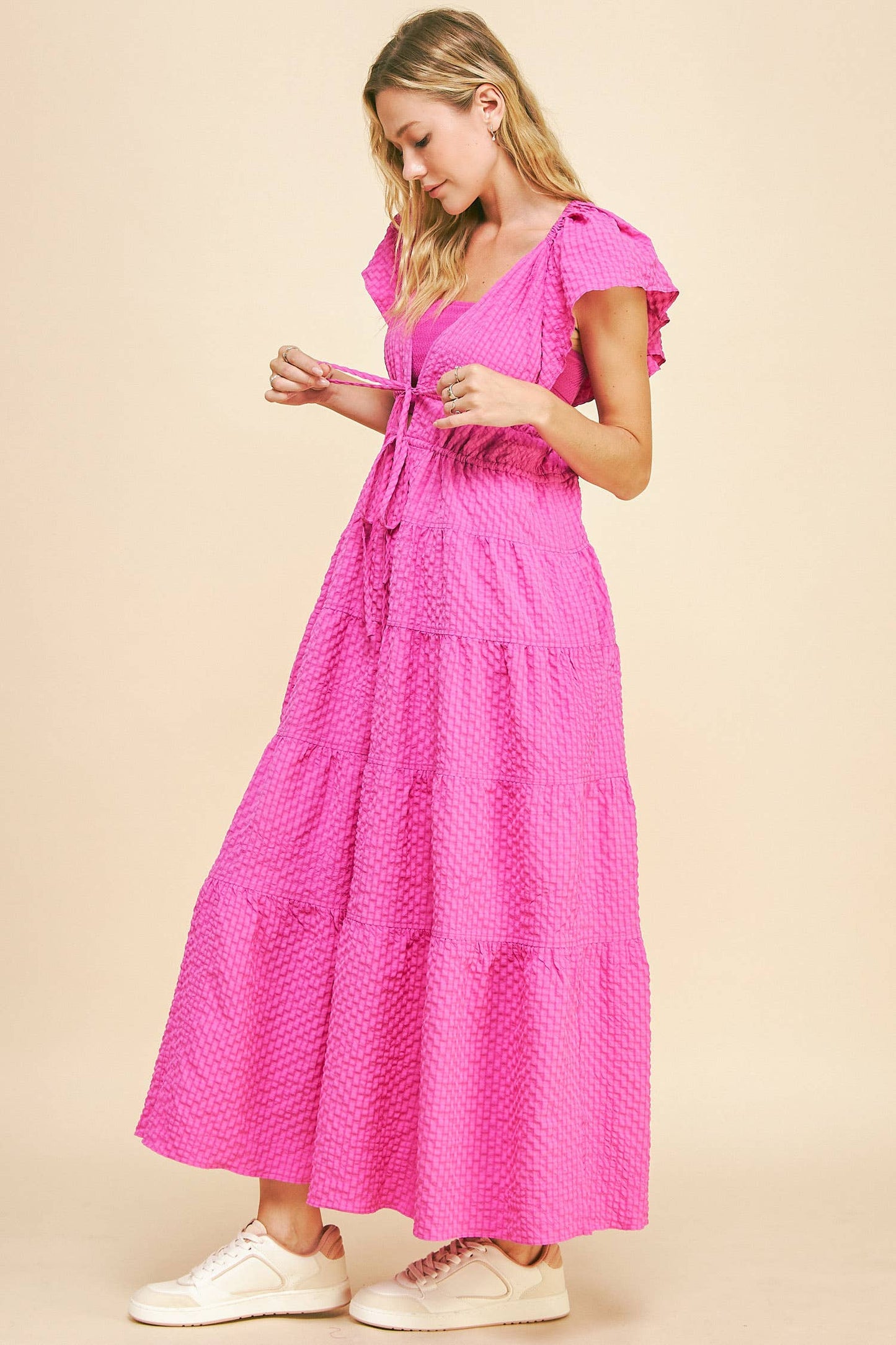 Cassie Crinkled Texture Flutter Sleeve Midi Dress ~ Orchid