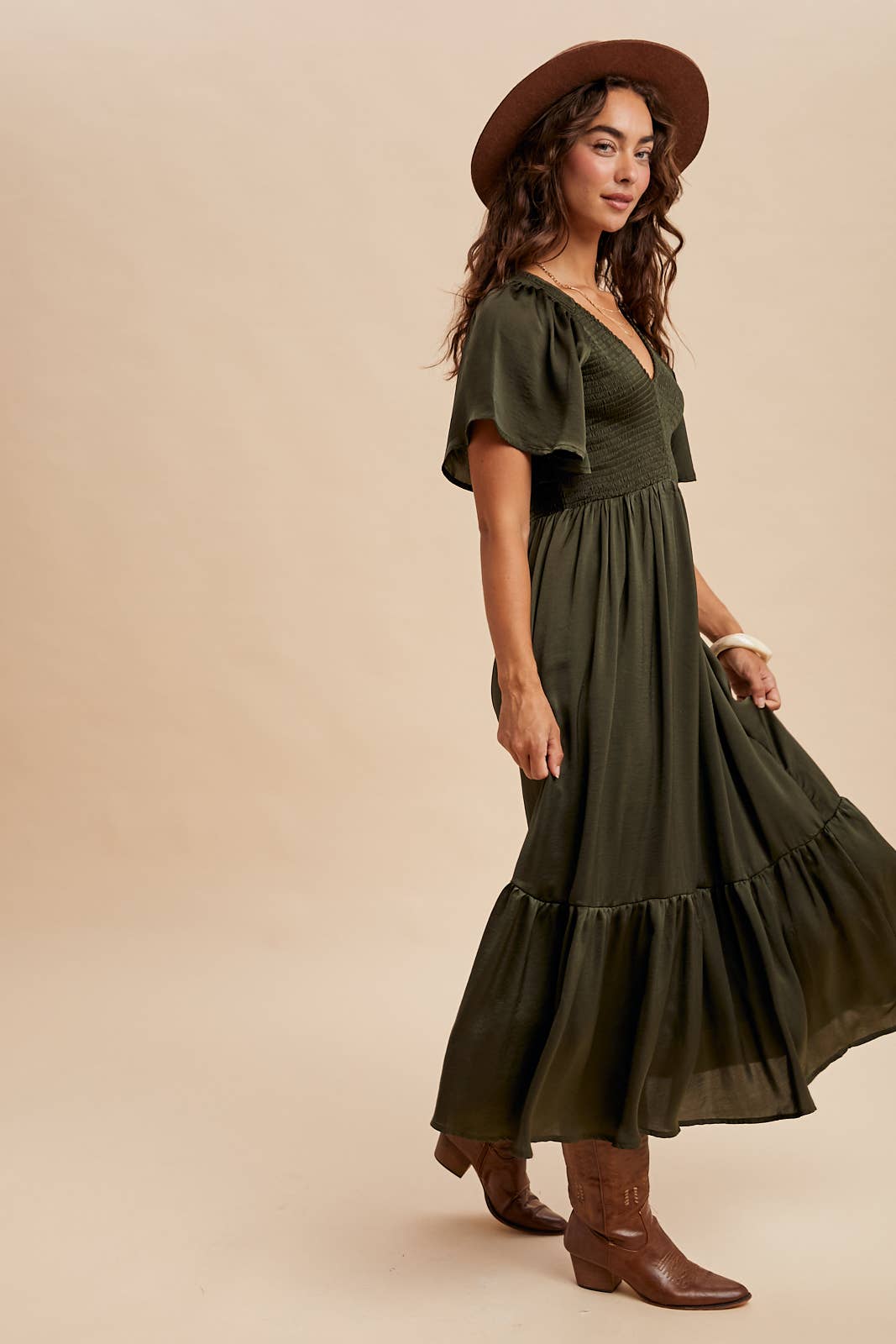 Lilly Smocked Washed Satin Midi Dress ~ Olive