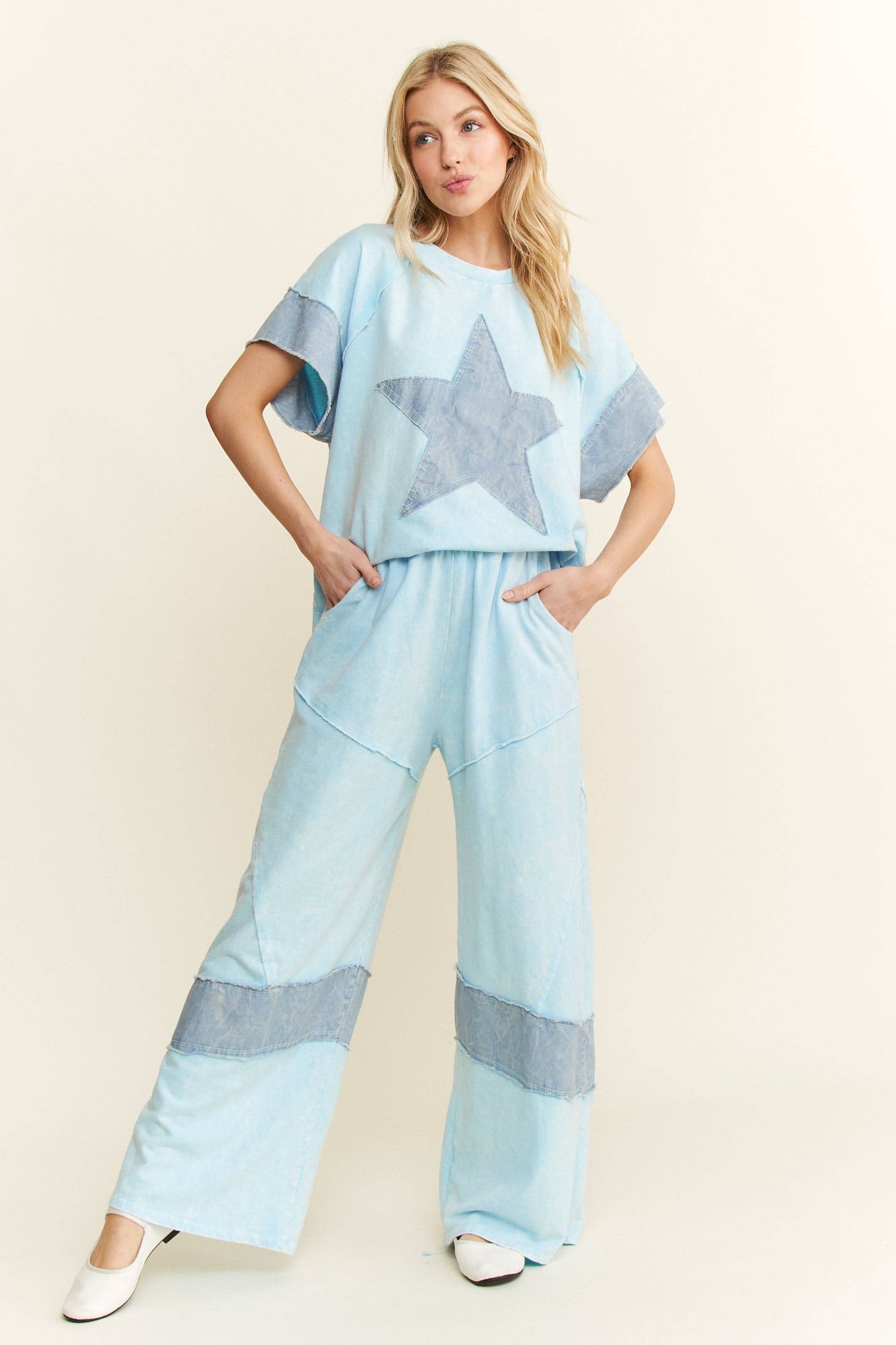 Morgan Mineral Washed Denim Star Top ~ Baby Blue