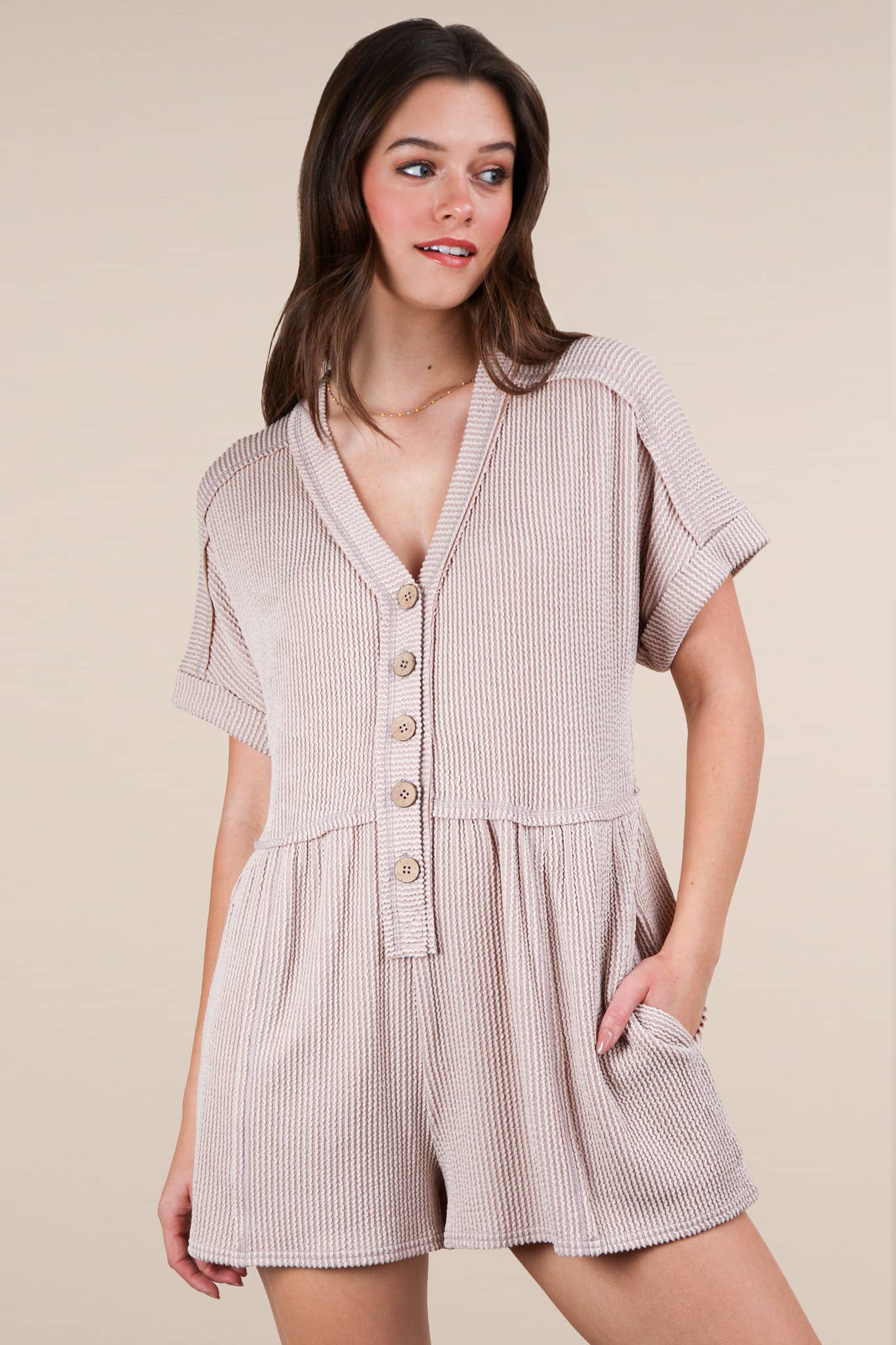 Trinity Two Tone Ribbed Knit Romper ~ Oatmeal