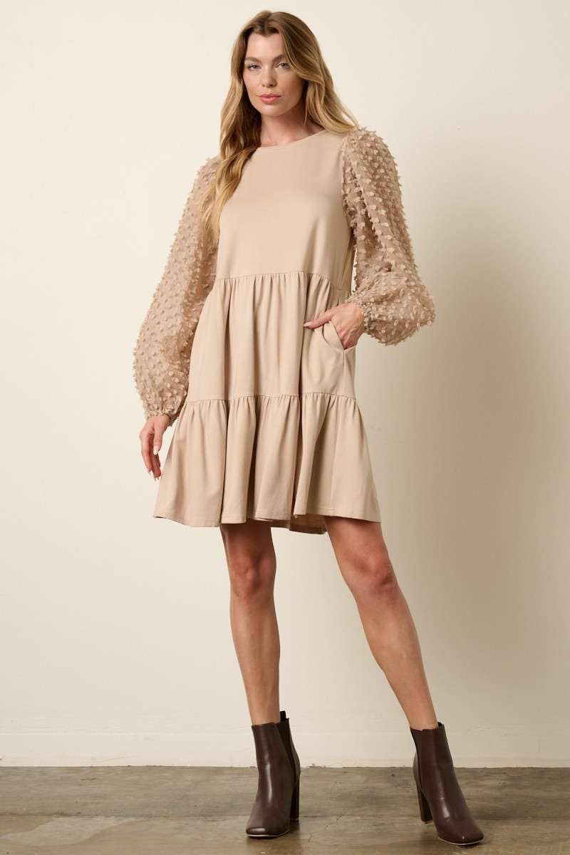 Ansley Sheer Sleeve Babydoll Mini Dress ~ Taupe
