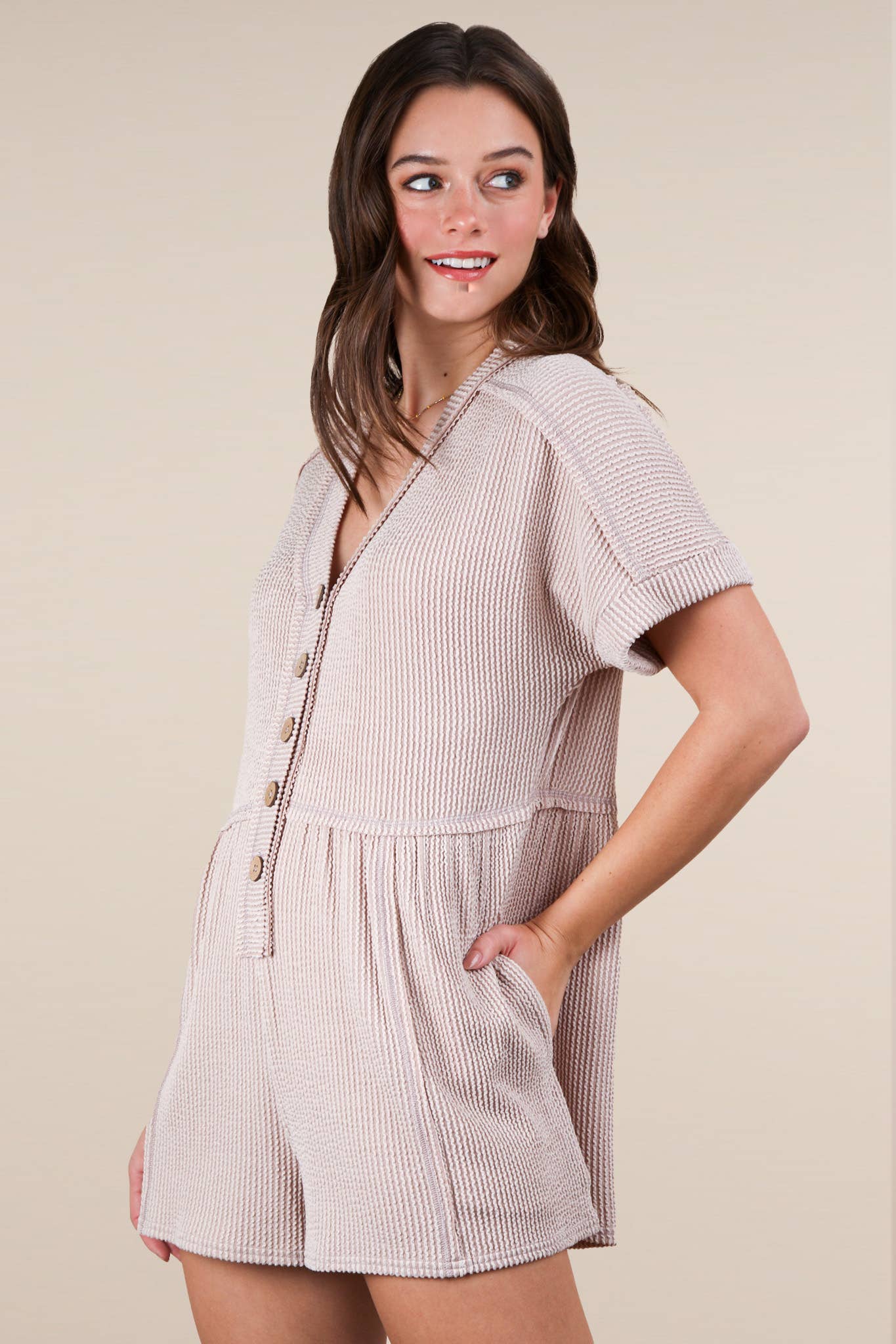 Trinity Two Tone Ribbed Knit Romper ~ Oatmeal