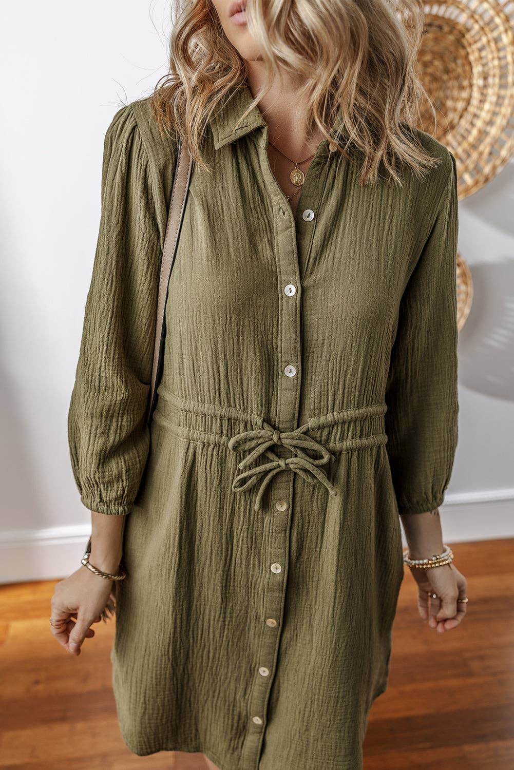 Harmony Textured Button Up Dual Tied Dress ~ Olive
