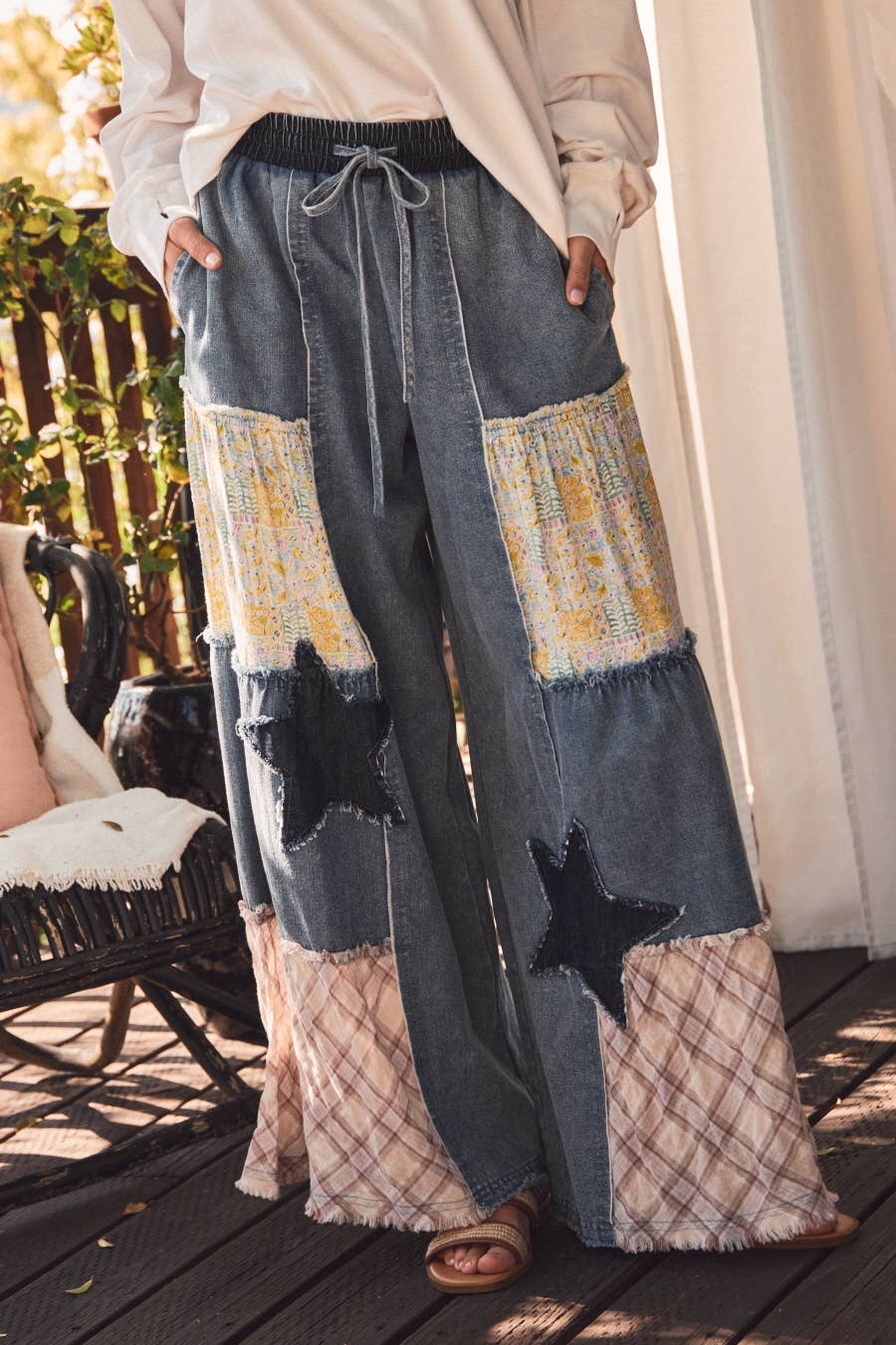 Madelyn Mixed Fabric Star Patchwork Wide Leg Pants ~ Denim