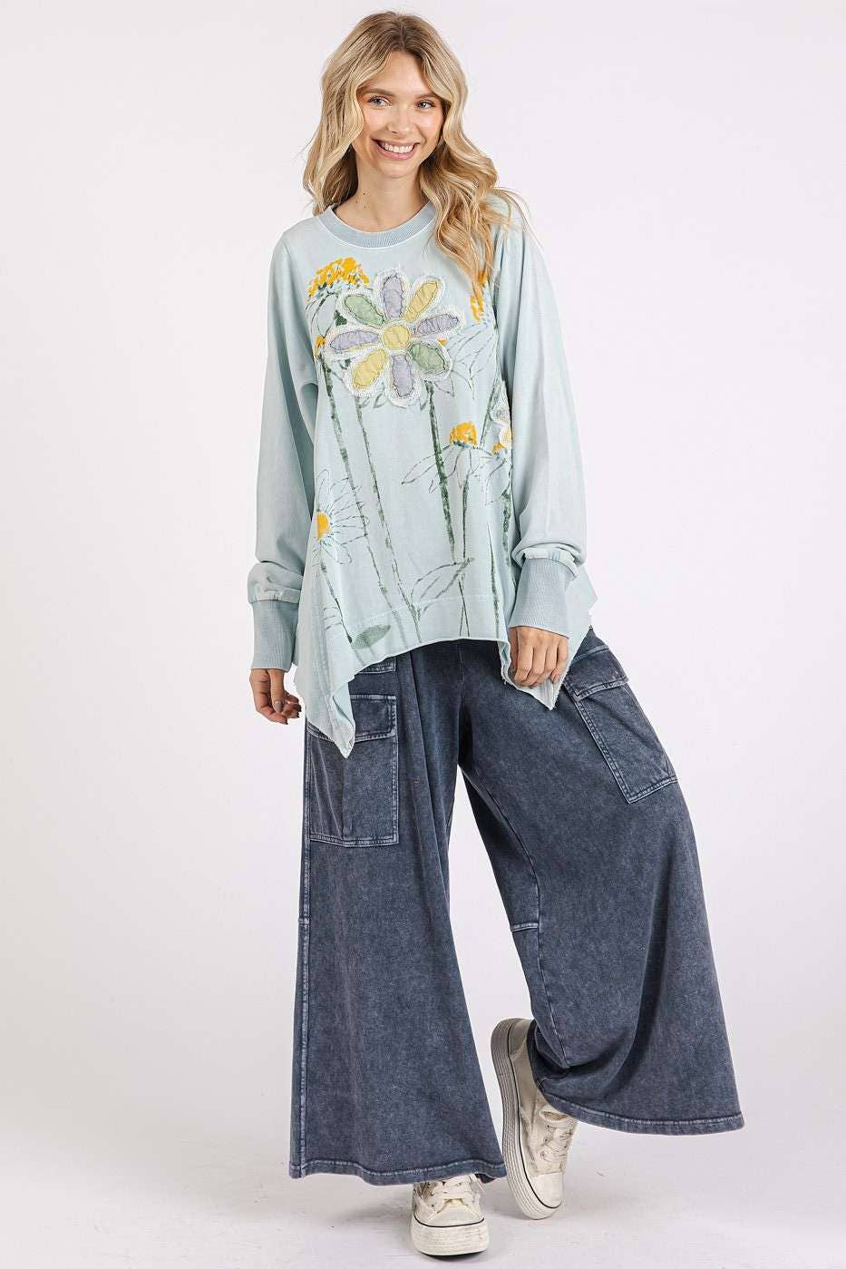 Quinn Flower & Patch Print Top ~ Baby Blue