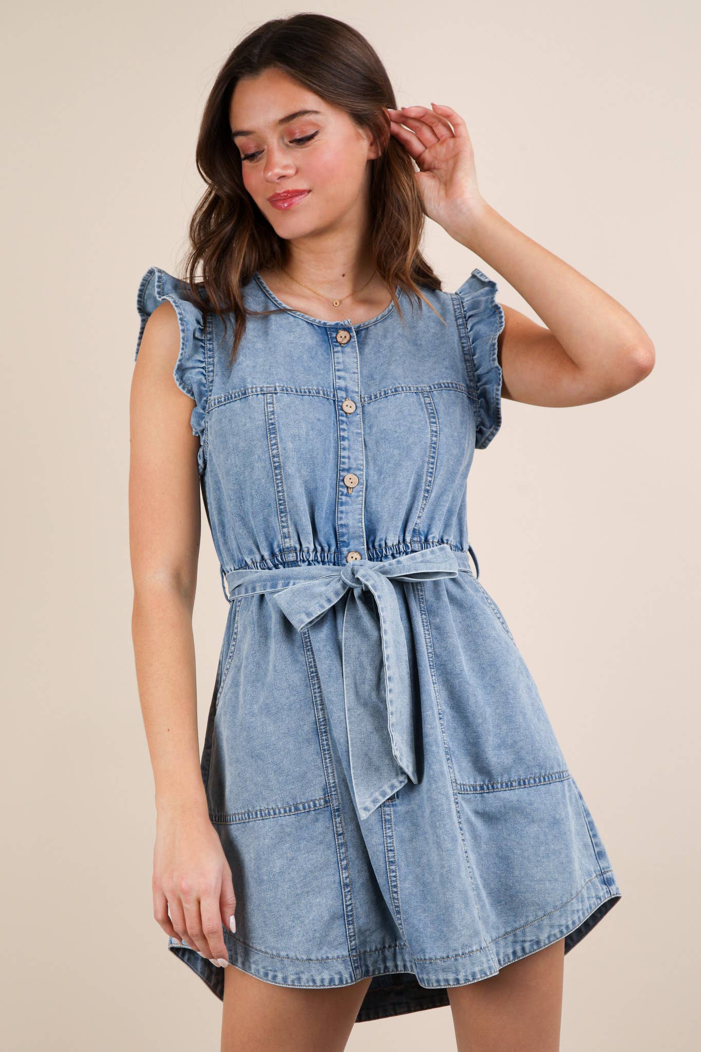 Waverly Washed Ruffle Detail Mini Dress ~ Chambray