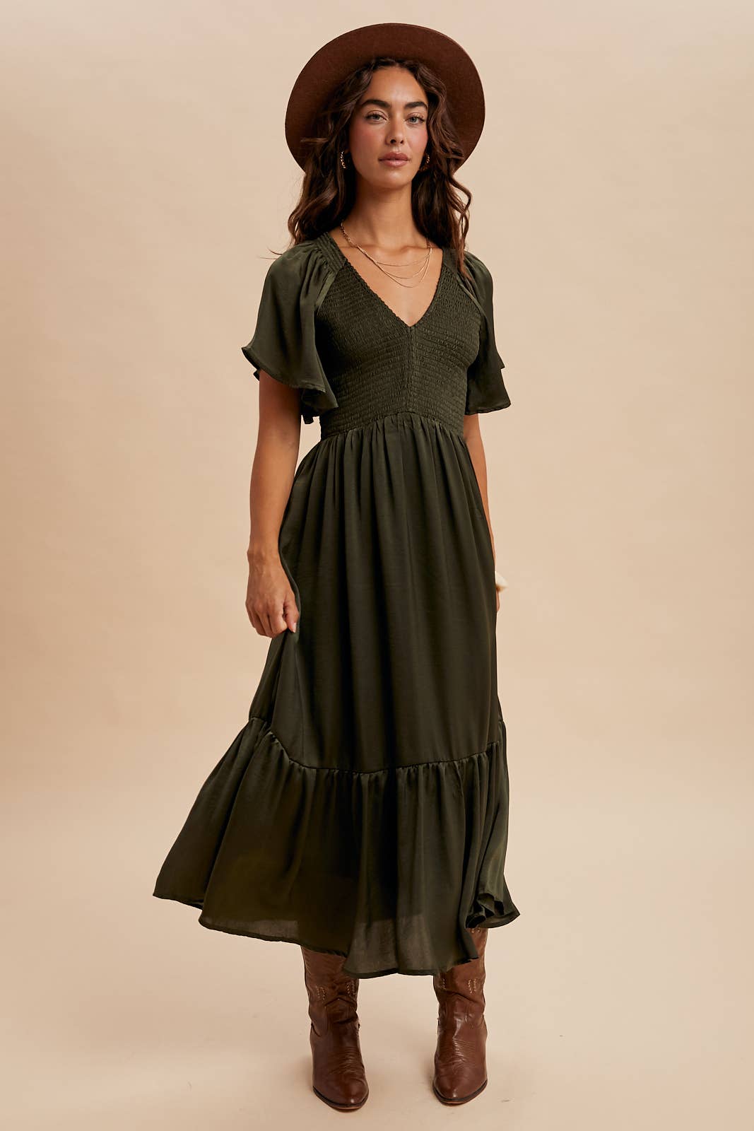 Lilly Smocked Washed Satin Midi Dress ~ Olive