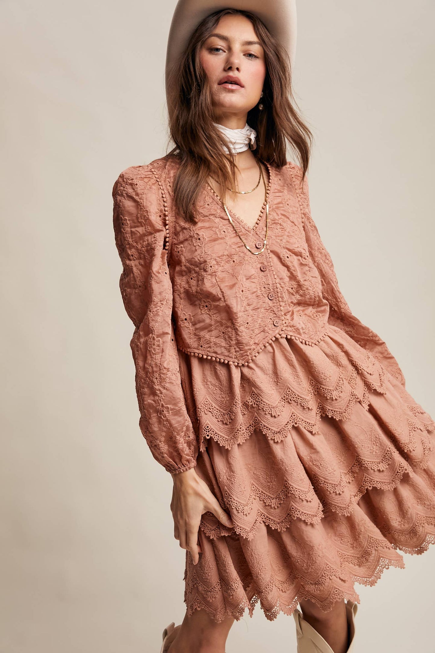 Tamara Tiered Scallop Embroidered Dress ~ Terracotta