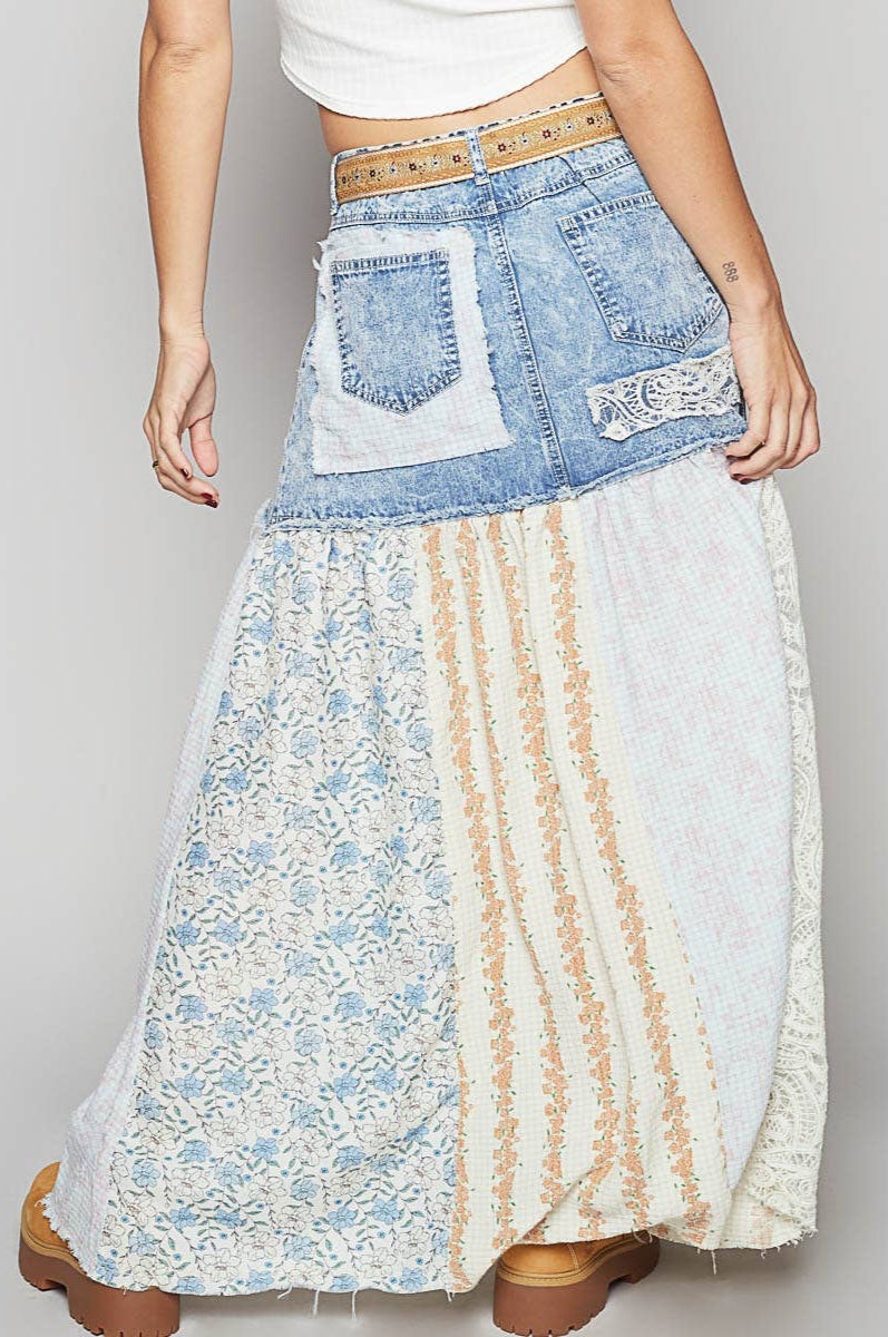 POL Woven Floral Print Mixed Skirt ~ Light Denim