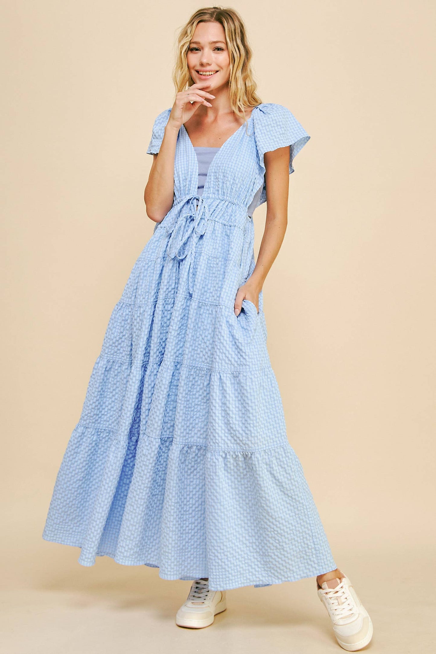 Cassie Crinkled Texture Flutter Sleeve Midi Dress ~ Light Blue