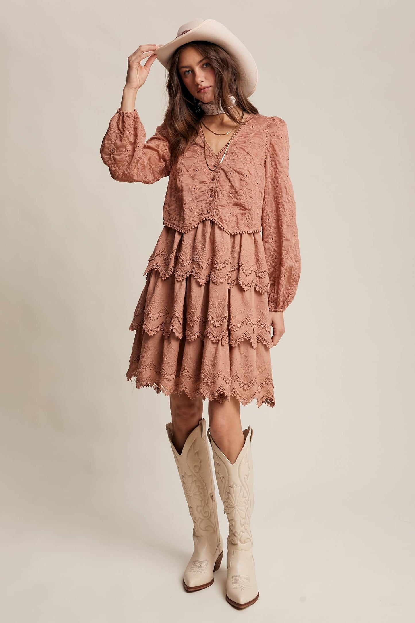Tamara Tiered Scallop Embroidered Dress ~ Terracotta