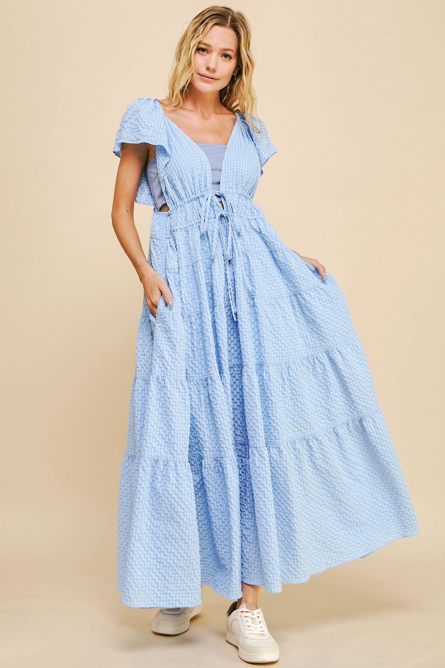 Cassie Crinkled Texture Flutter Sleeve Midi Dress ~ Light Blue