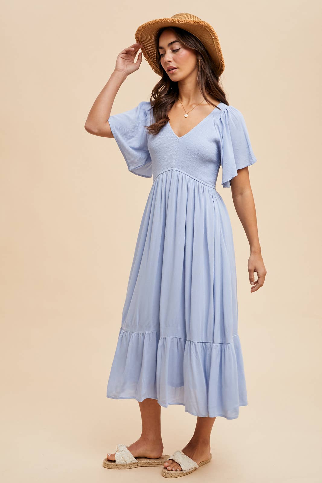 Sofia Smocked Flutter Sleeve Midi Dress ~ Light Blue