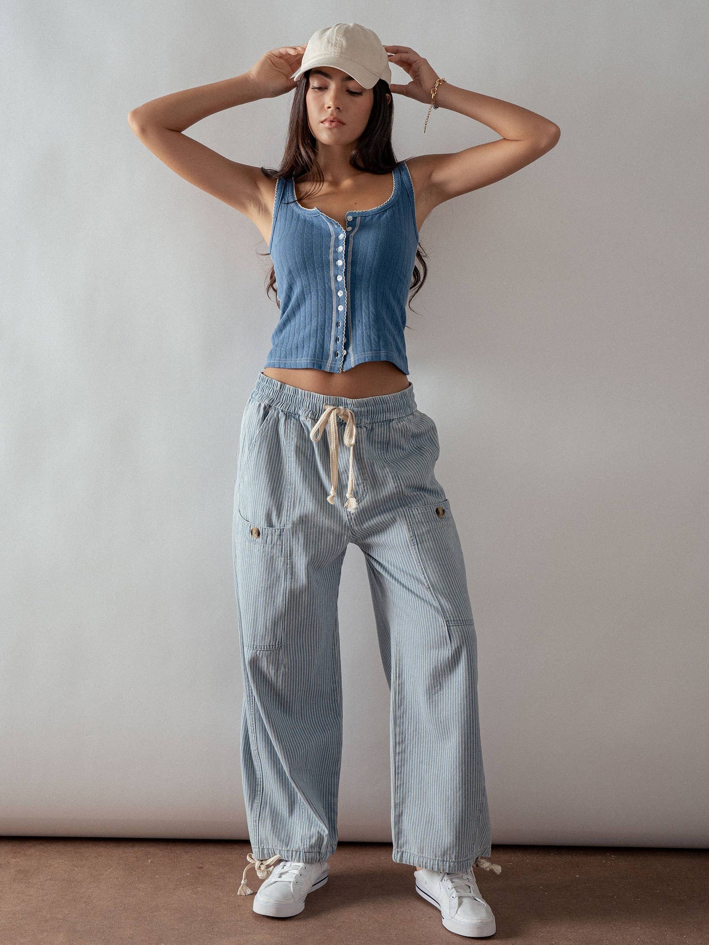 Avery Adjustable Hem Cotton Utility Cargo Pants ~ Denim Stripe