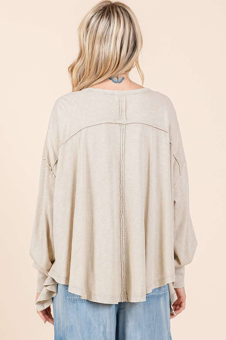 Cleo Mineral Wash V Neck Oversized Top ~ Stone