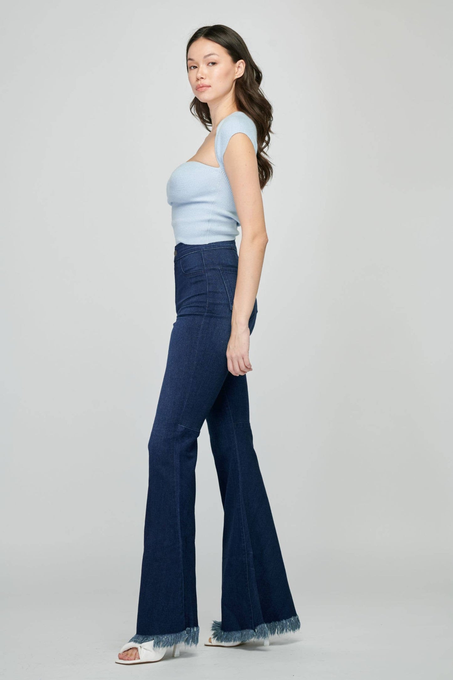 Madison High Rise Super Flare Frayed Hem Jeans ~ Dark Denim