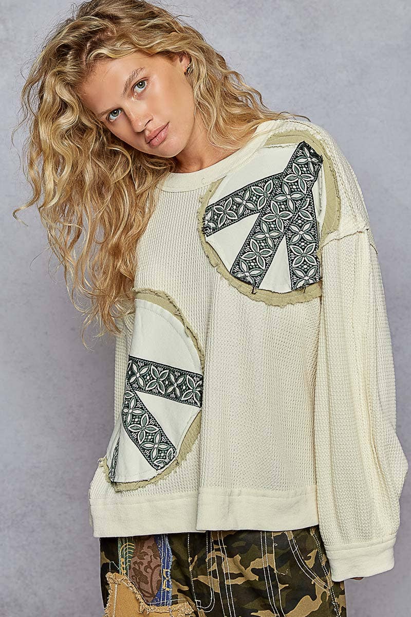 Violet Vintage Peace Patch Thermal Top ~ Cream