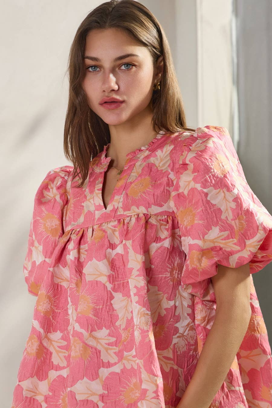 Farrah Floral Satin Weave Jacquard Top ~ Pink Coral