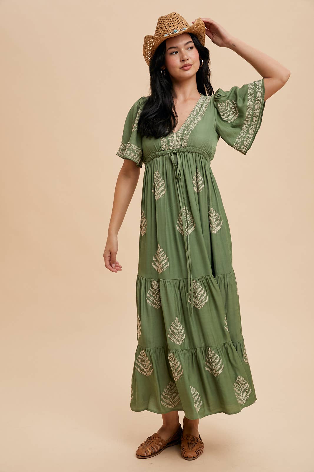 Charlee Embroidered V Neck Maxi Dress ~ Olive