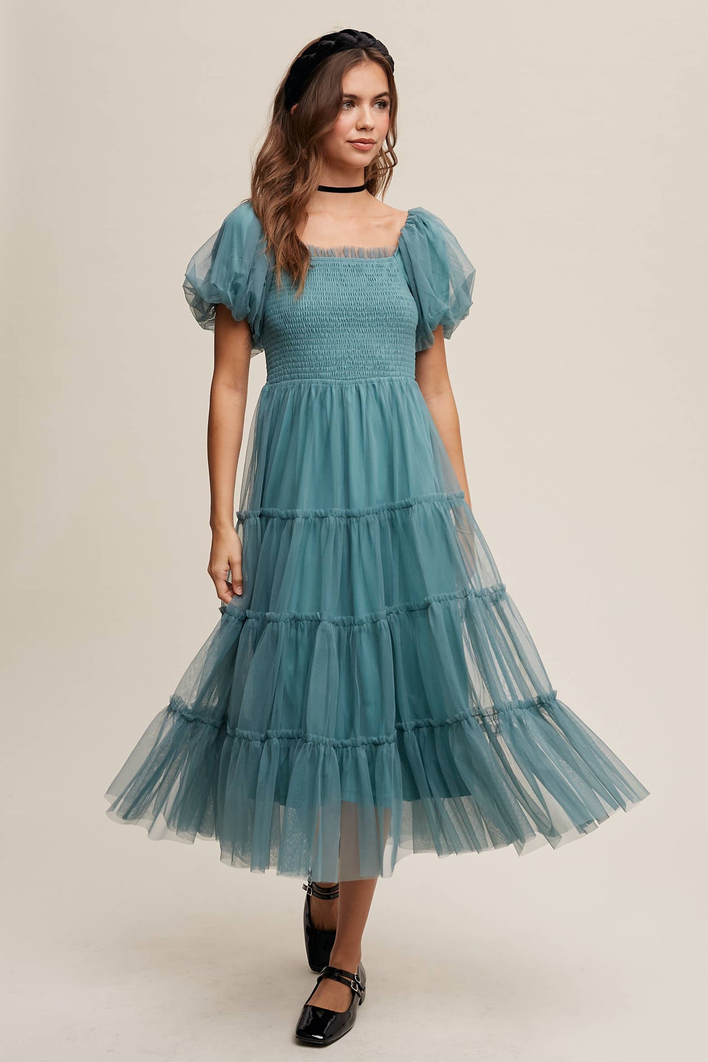 Teagon Tulle Smocked Puff Sleeve Midi Dress ~ Sagebrush