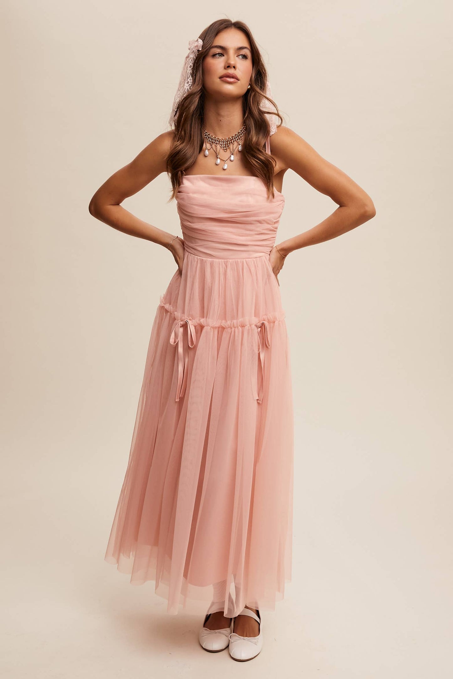 Rosie Ruched Tulle Ribbon Detail Midi Dress ~ Blush