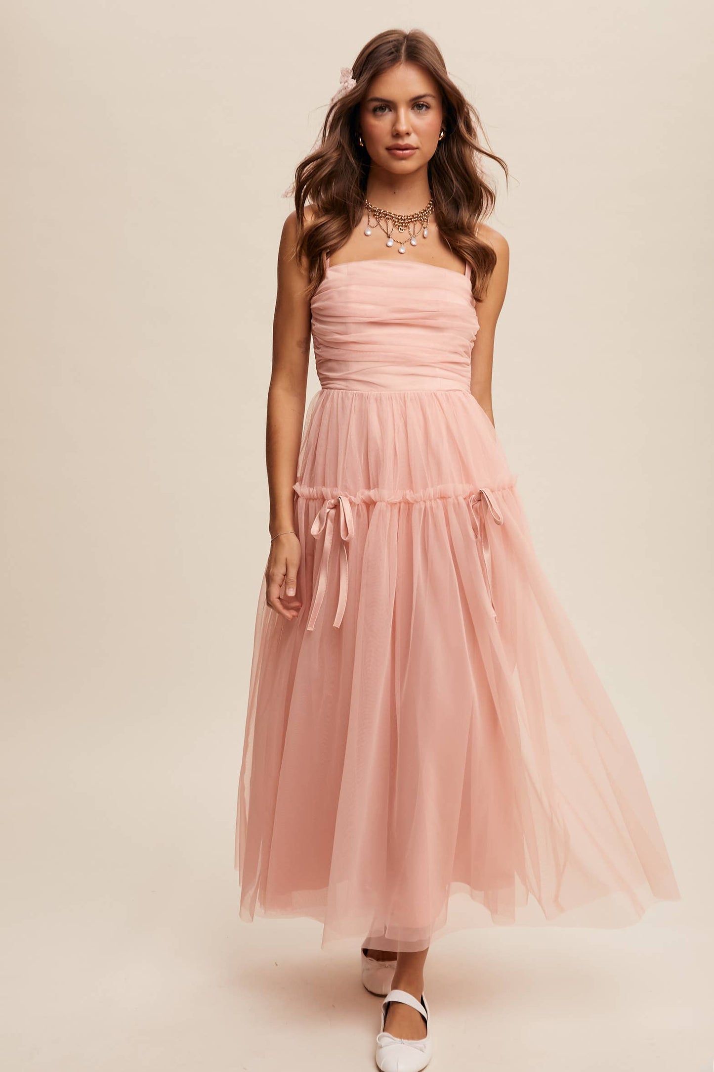 Rosie Ruched Tulle Ribbon Detail Midi Dress ~ Blush