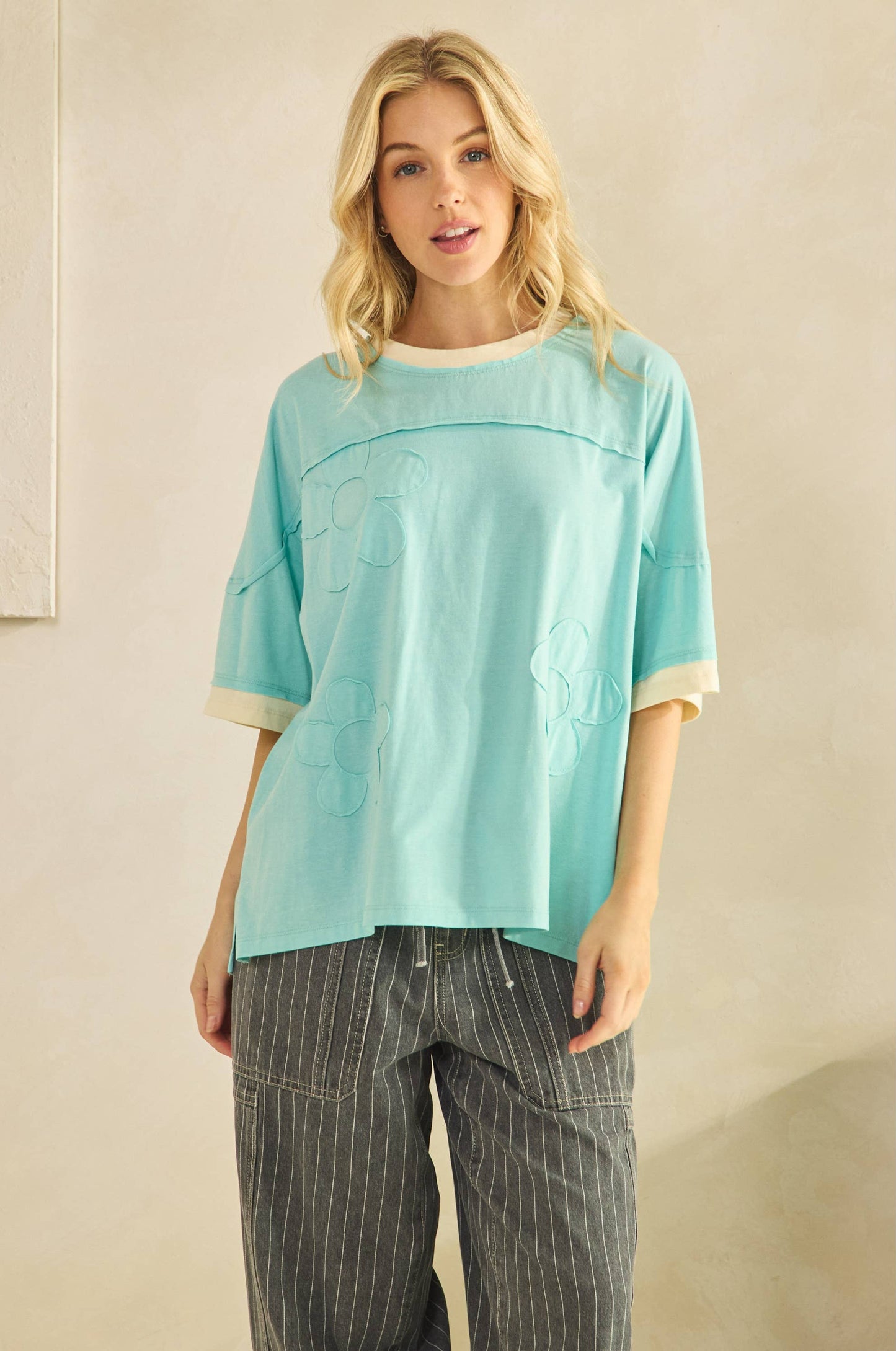 Riley Retro Flower Embroidered Oversized Top ~ Aqua