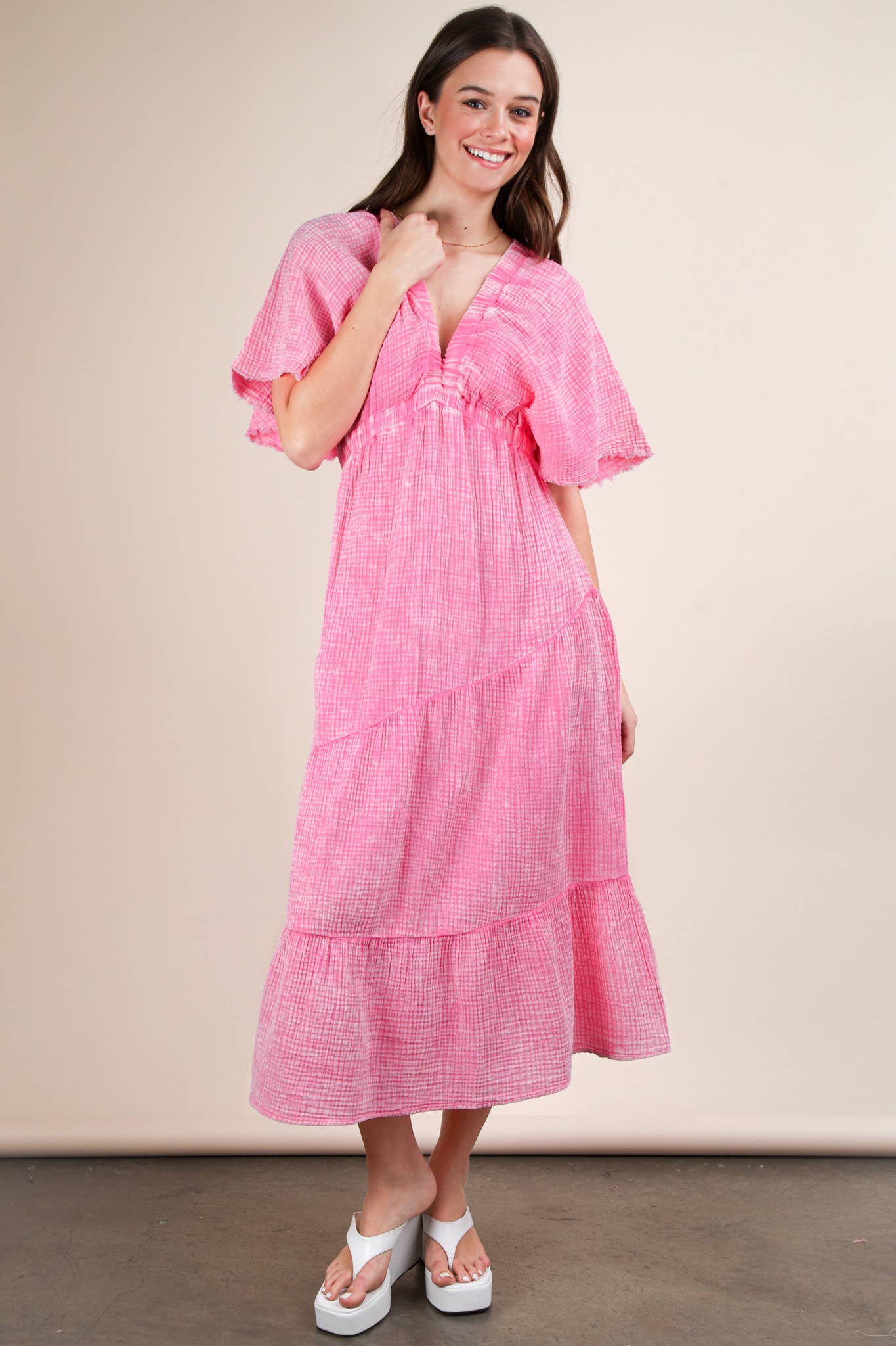 Madelyn Mineral Wash Elastic Neck Detail Midi Dress ~ Pink