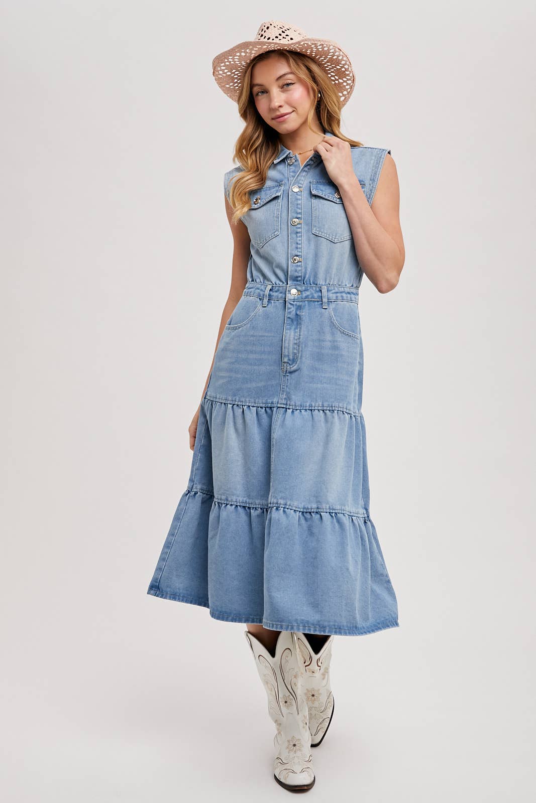 Devon Tiered Sleeveless Shirt Midi Dress ~ Light Denim