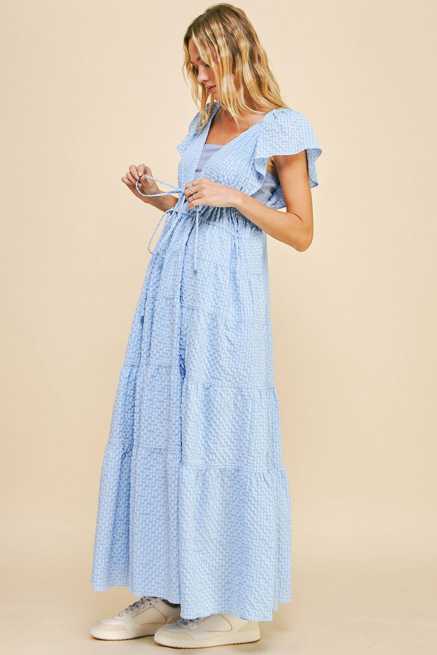 Cassie Crinkled Texture Flutter Sleeve Midi Dress ~ Light Blue