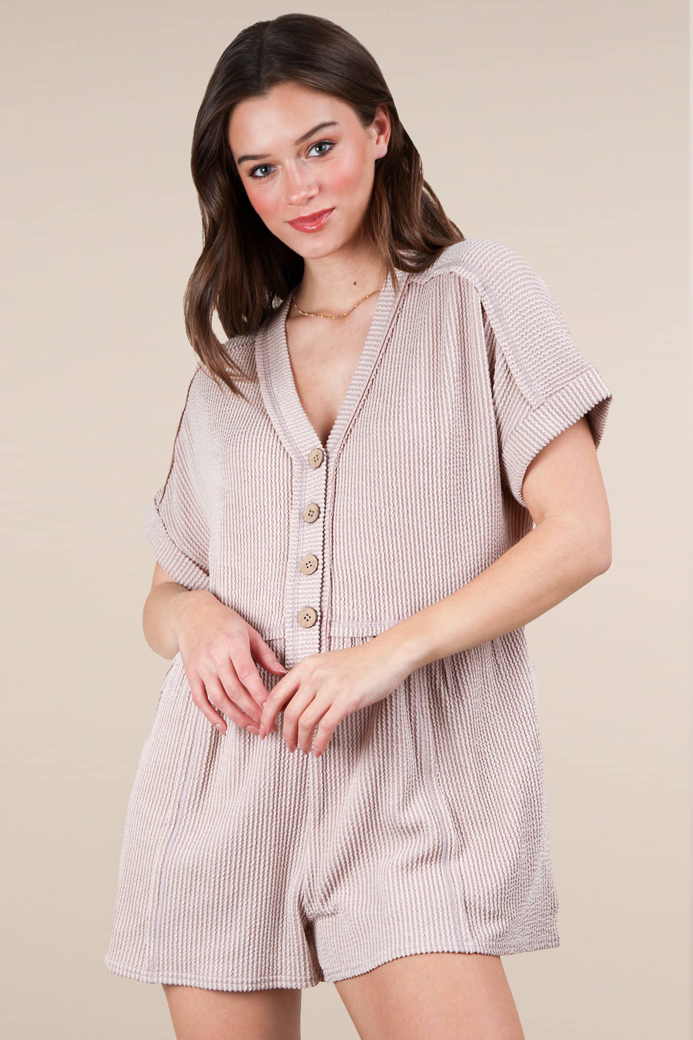 Trinity Two Tone Ribbed Knit Romper ~ Oatmeal