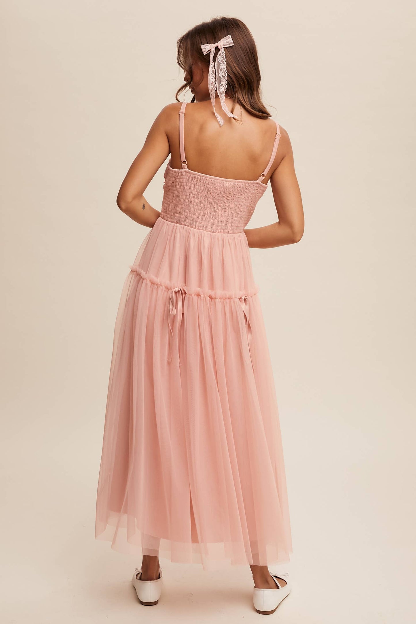Rosie Ruched Tulle Ribbon Detail Midi Dress ~ Blush