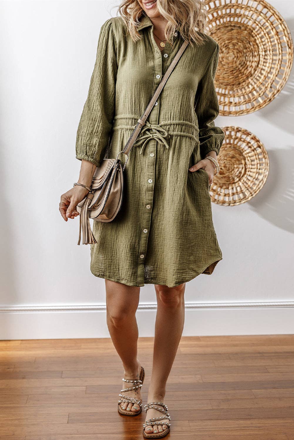 Harmony Textured Button Up Dual Tied Dress ~ Olive