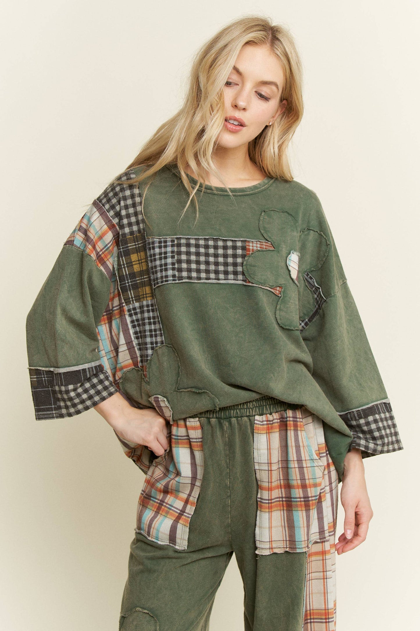 Massie Mineral Washed Plaid Daisy Top ~ Dark Olive