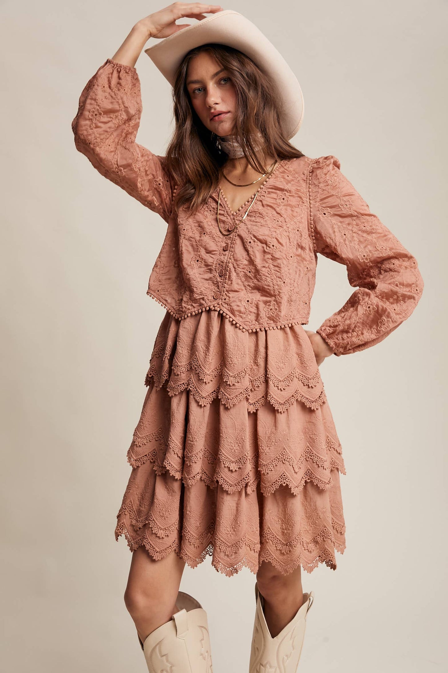 Tamara Tiered Scallop Embroidered Dress ~ Terracotta